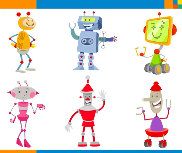 Robots de dibujos animados y Droides Personajes conjunto — Vector de stock