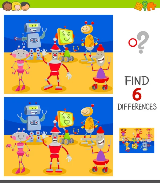 Diferencias juego con divertidos robots de dibujos animados — Vector de stock