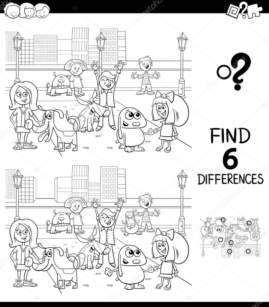 differences game with kids and dogs color book