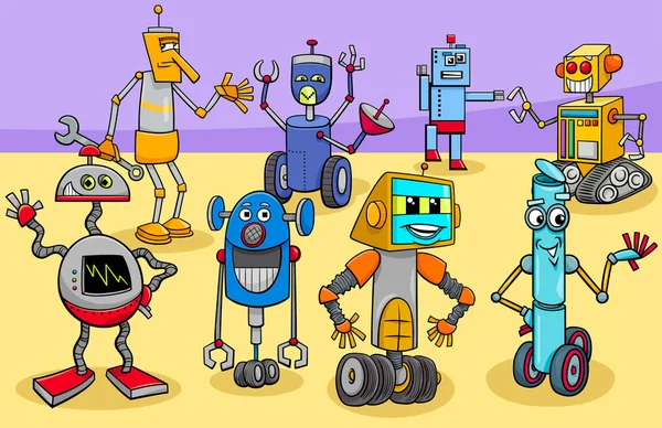 Grappig robots cartoon fantasie karakters groep — Stockvector