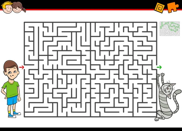 Labyrinth-Spiel mit dem Jungen und seiner Katze — Stockvektor