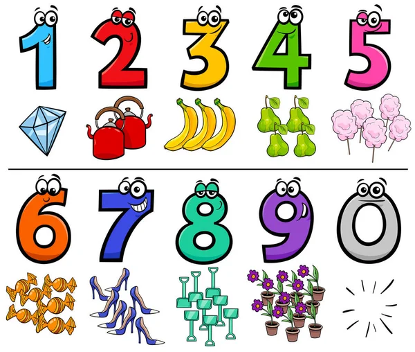 Números educativos de dibujos animados con objetos — Vector de stock