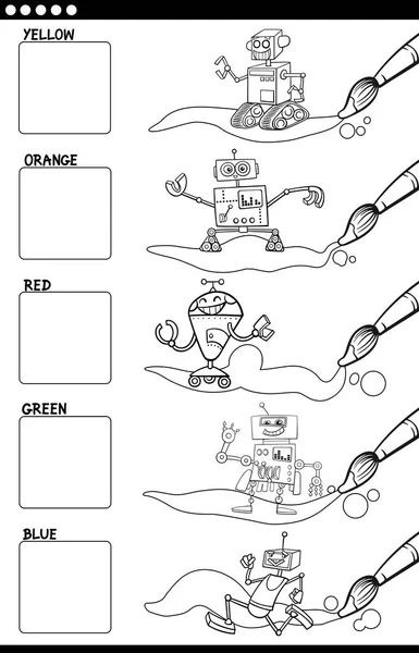 Colores básicos con robots de dibujos animados para colorear — Vector de stock