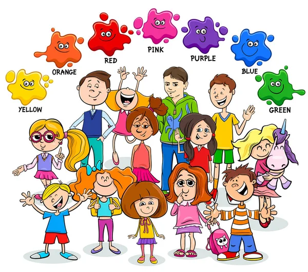 Základní barvy vzdělávací list s dětmi — Stockový vektor