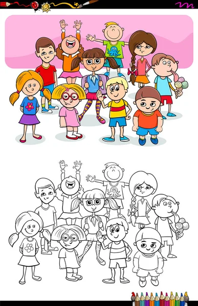 Kinderen en tieners karakters groep kleurboek — Stockvector