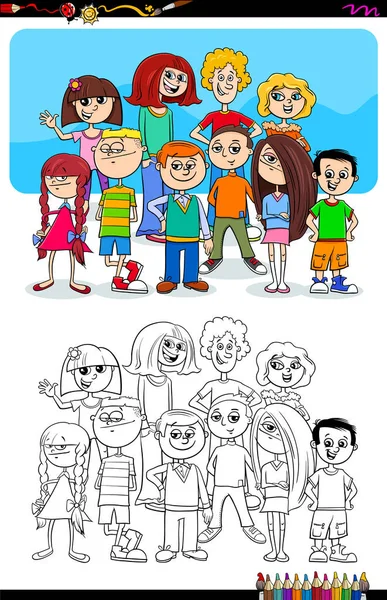 Niños y niñas personajes grupo color libro — Vector de stock