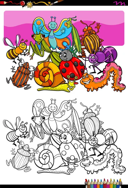 Insectos y personajes de insectos grupo libro de color — Vector de stock