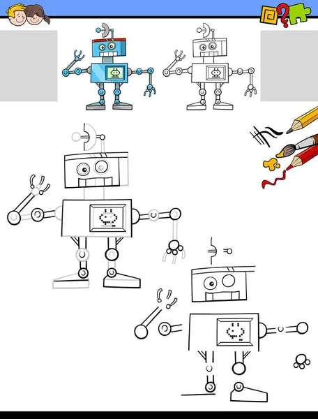 Menggambar dan mewarnai lembar kerja dengan robot lucu - Stok Vektor