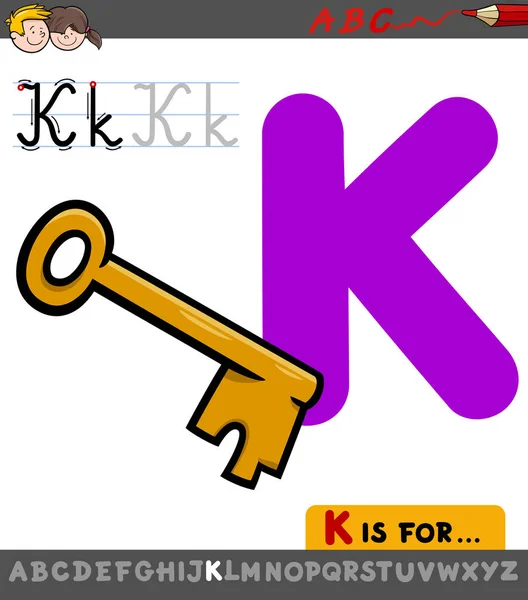 Letter K worksheet with cartoon key — Stock Vector