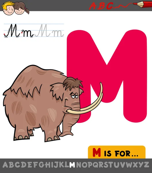 Letter M worksheet with cartoon mammoth — Stock Vector