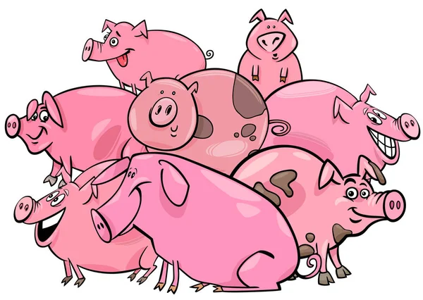 Schweine Bauernhof Tier Zeichentrickfiguren Gruppe — Stockvektor