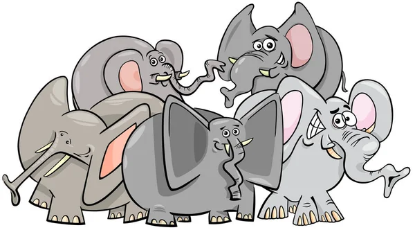 Happy elephants cartoon character group — Stock Vector