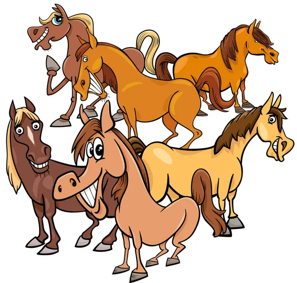 Lucu kuda kartun kelompok hewan ternak - Stok Vektor