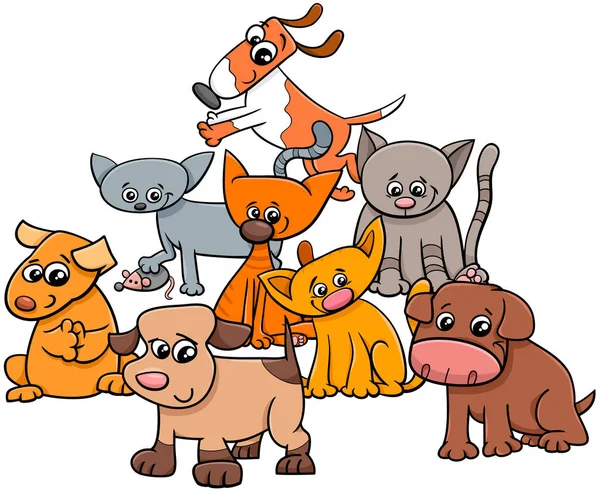 Gatito y cachorros grupo dibujos animados ilustración — Vector de stock