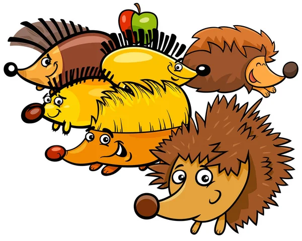 Funny hedgehogs cartoon animal characters — Stock Vector