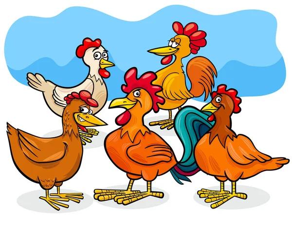 Lustige Hühner Karikatur Bauernhof Tiere Gruppe — Stockvektor