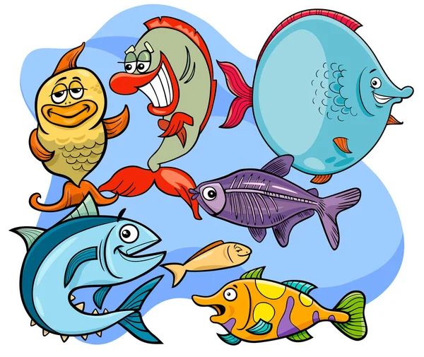 Komik balık çizgi film hayvan karakterleri grubu — Stok Vektör