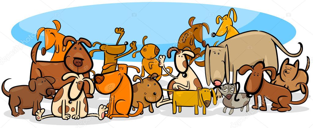 dogs characters large group cartoon illustration