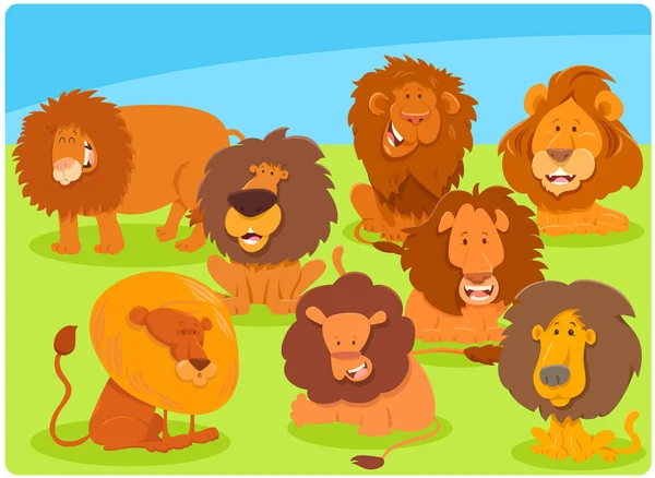 Desenhos animados leões animais personagens grupo —  Vetores de Stock
