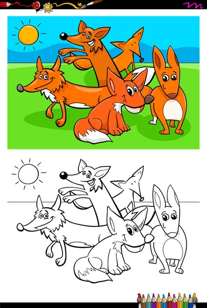 Renards animaux caractères groupe coloriage livre — Image vectorielle