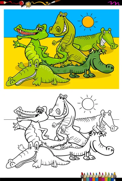 Krokodiler djur teckengrupp färg bok — Stock vektor