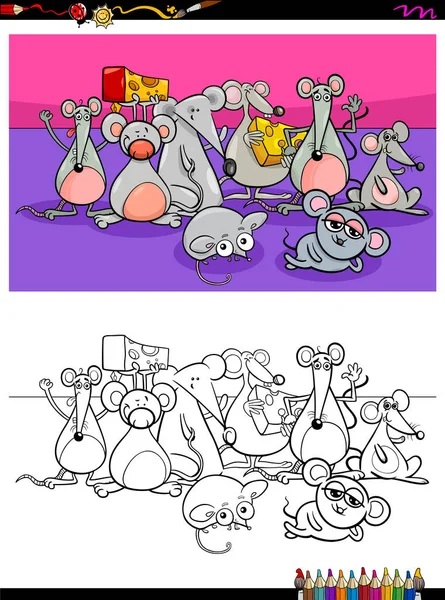 Mice animal characters group coloring book — Stock Vector