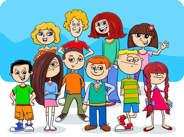 子供と十代の漫画のキャラクターグループ — ストックベクタ