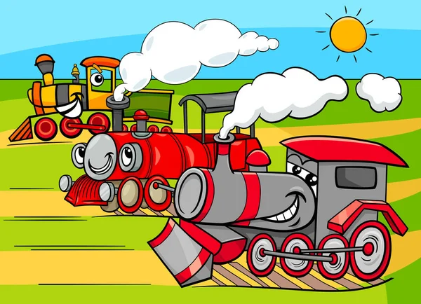 蒸気機関車漫画キャラクターグループ — ストックベクタ