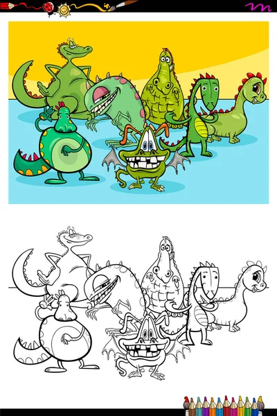 Dragons fantasy characters group color book — Stock Vector