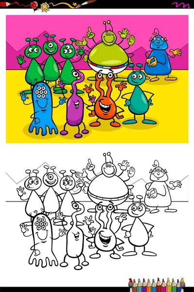 Heureux extraterrestres personnages groupe livre de couleurs — Image vectorielle