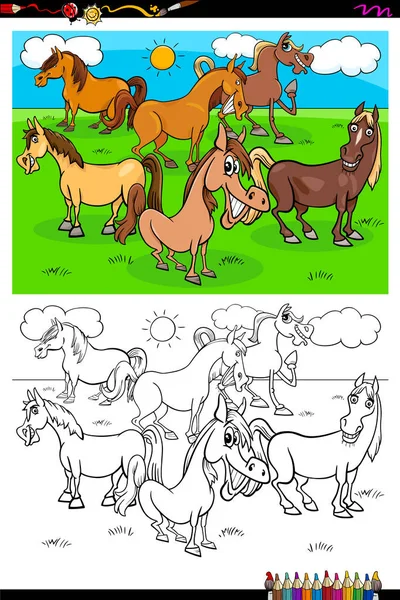 Horses farm animal characters group color book — Stock Vector