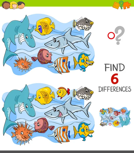 Trovare differenze di gioco con personaggi di pesce felici — Vettoriale Stock