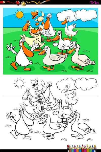 Ducks farm animal characters group color book — Stock Vector