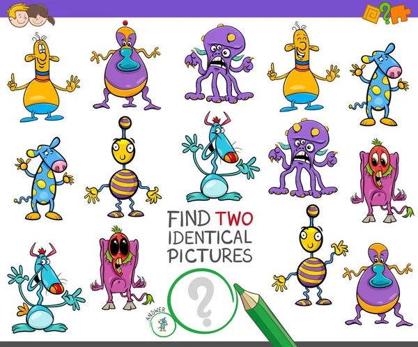 为孩子们找到两个相同的怪物任务 — 图库矢量图片