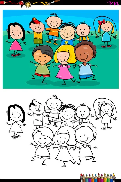 Happy children characters group coloring book — Stock Vector