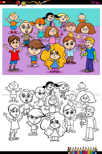 Happy kids characters group coloring book — Stock Vector