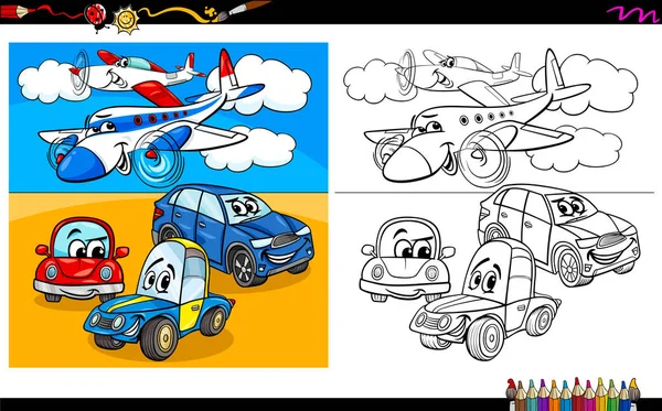 Aviones y coches personajes para colorear libro — Archivo Imágenes Vectoriales