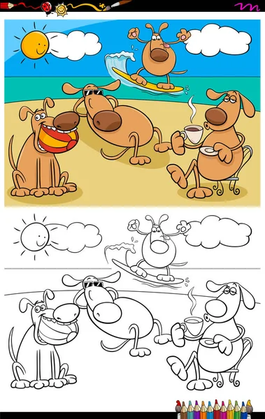 Honden op vakantie groep kleurboek — Stockvector