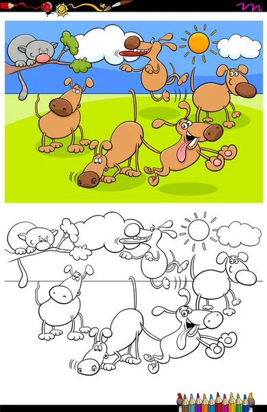 Perros en el grupo del parque para colorear libro — Vector de stock