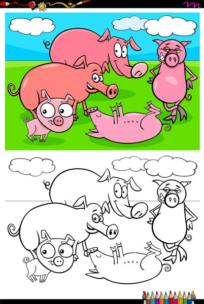 Lucu babi karakter hewan grup buku warna - Stok Vektor