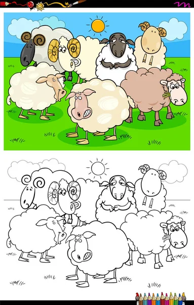 Χαρούμενα πρόβατα χαρακτήρες ομάδα βιβλίο χρωματισμού — Διανυσματικό Αρχείο