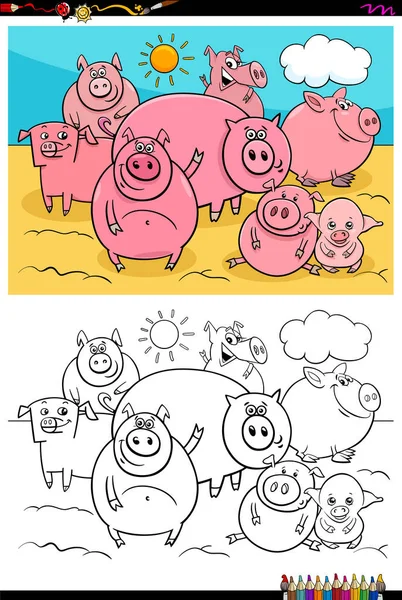 Feliz cerdos animales personajes grupo color libro — Archivo Imágenes Vectoriales