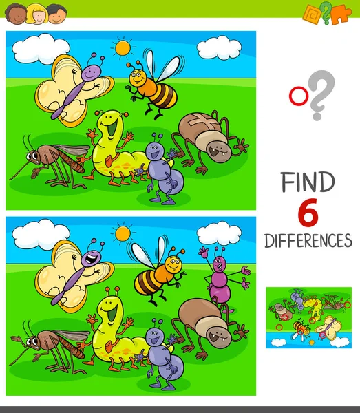 Trouver des différences jeu avec les insectes animaux — Image vectorielle