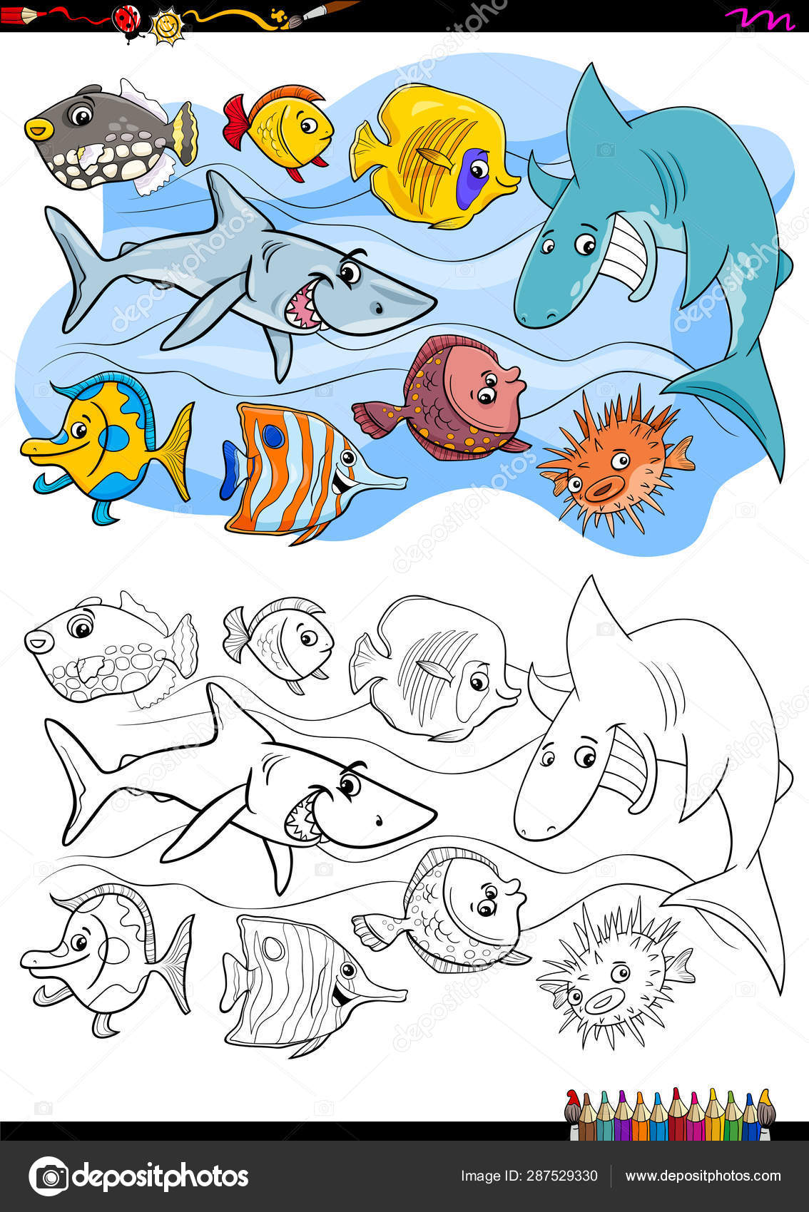 Fish animal characters group coloring book Stock Vector Image by ©izakowski  #287529330