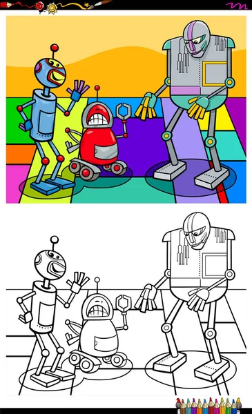 Funny robot characters group coloring book — Stock Vector