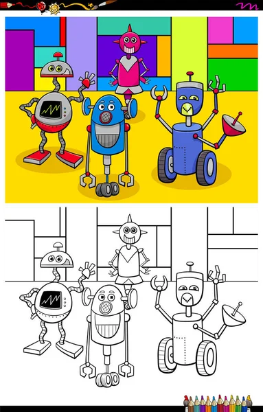 Feliz robots personajes grupo color libro — Vector de stock