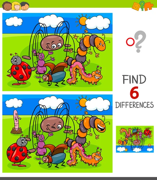 Finding differences game with insects — Stock Vector