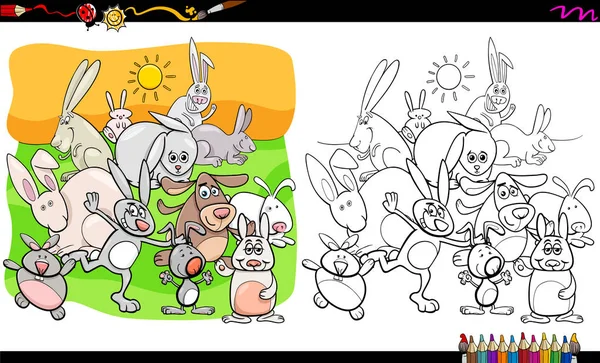 Divertidos conejos animales personajes para colorear libro — Vector de stock