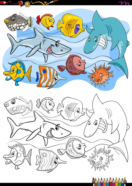 Groupe de caractères animaux poissons livre à colorier — Image vectorielle