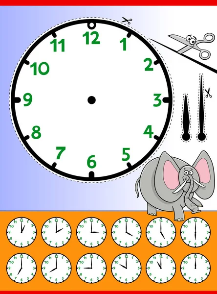Reloj cara dibujos animados hoja de trabajo educativa — Vector de stock